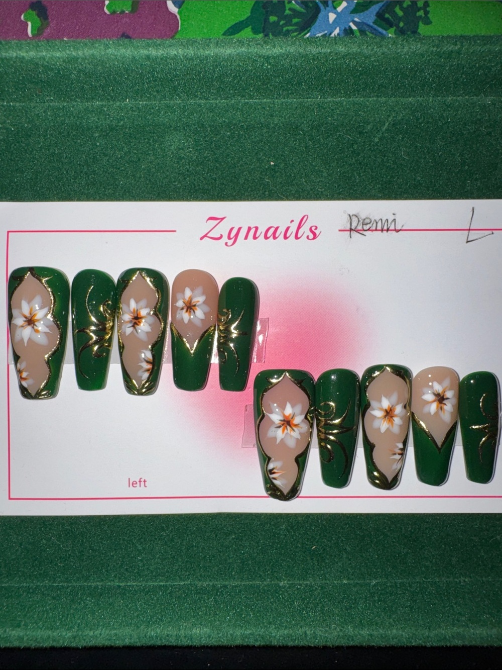 Green Floral Press-On Nail Set with Gold Accents